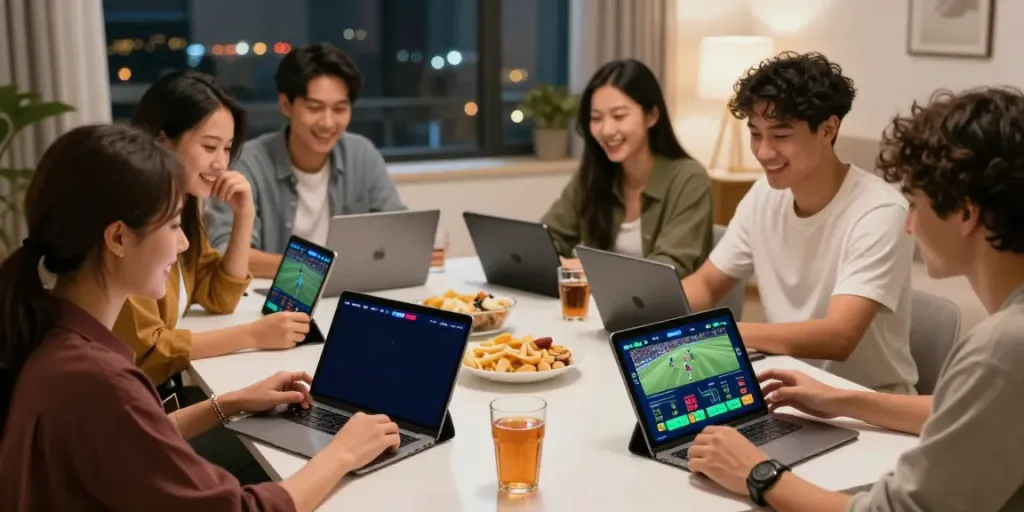 Engaging ZBET online gambling scene with friends placing bets together.