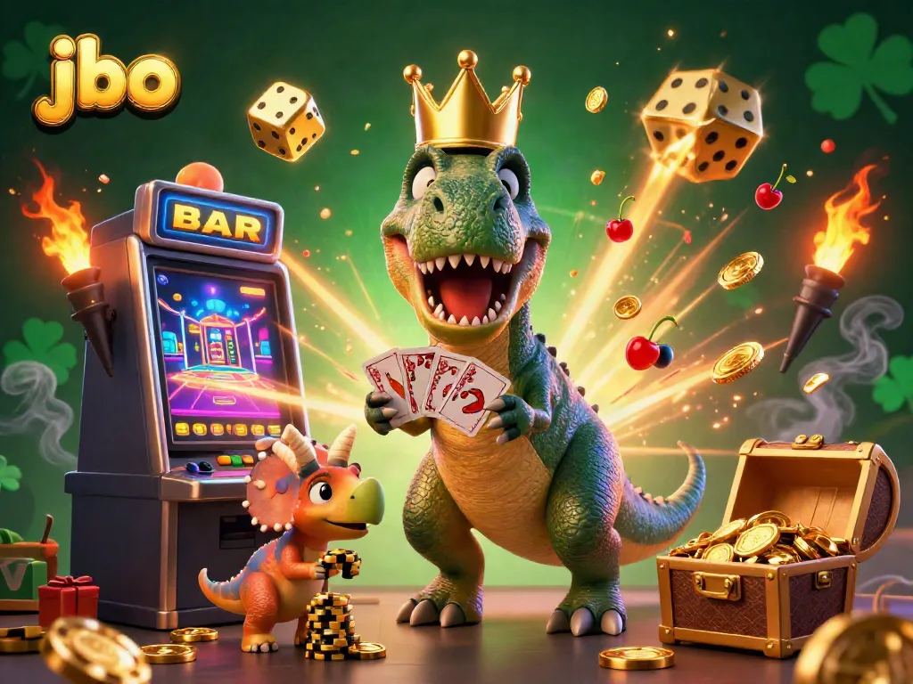 Dynamic jbo gambling scene with cartoon characters, slot machine, and golden chips in a vibrant atmosphere.
