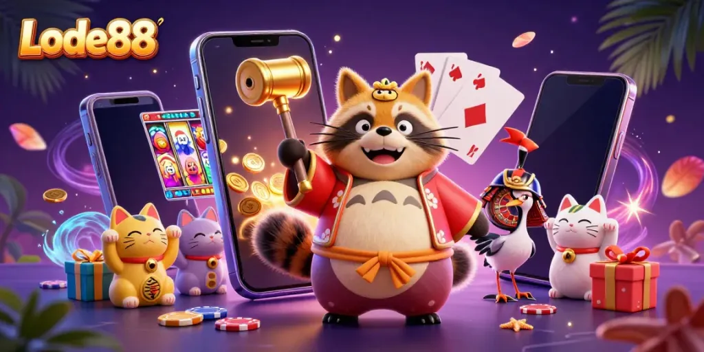 Experience exhilarating gameplay with Lode88's vibrant gambling scene featuring festive characters and slot games.