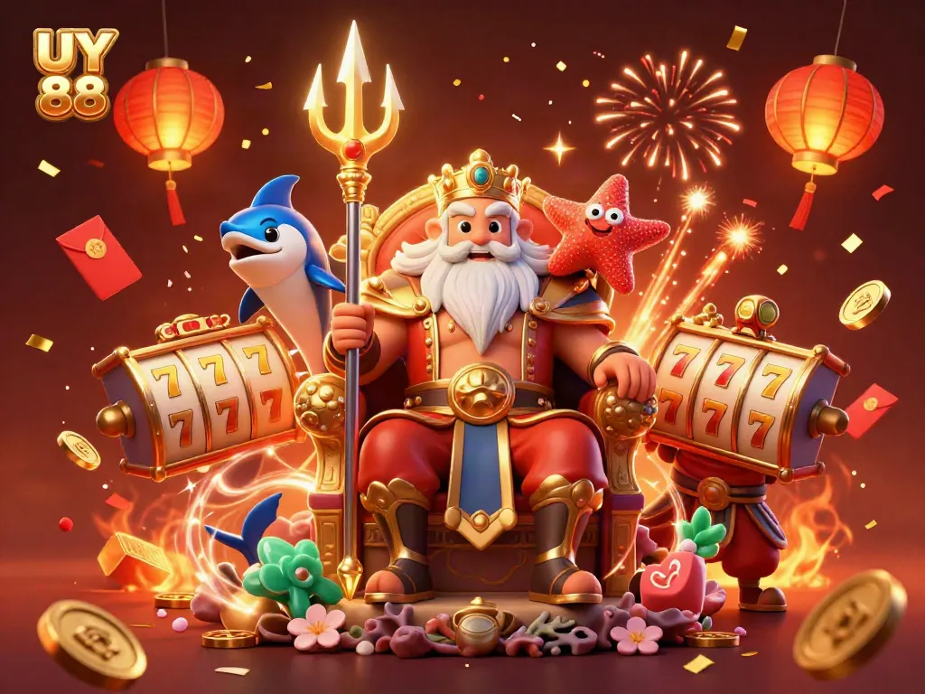 Experience the UY 88 casino thrill with vibrant 3D characters and game elements in a festive scene.