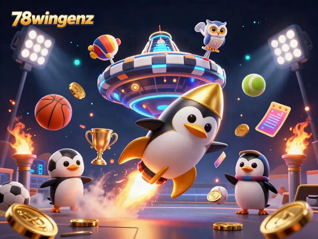 Experience the exciting universe of 78wingenz, with a golden penguin and a casino station.