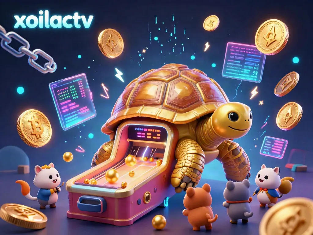 Engage with xoilactv's vibrant casino scene featuring a giant tortoise and colorful crypto elements.