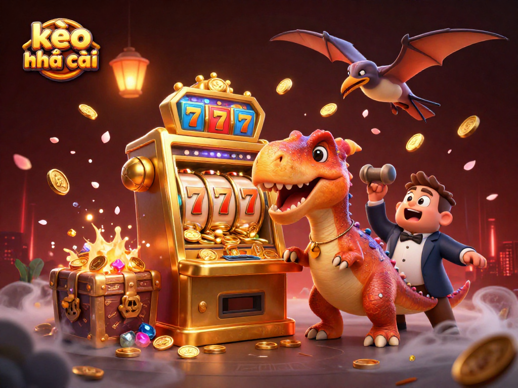 Engaging scene of kèo nhà cái with a dinosaur interacting with a golden slot machine and coins flying around.