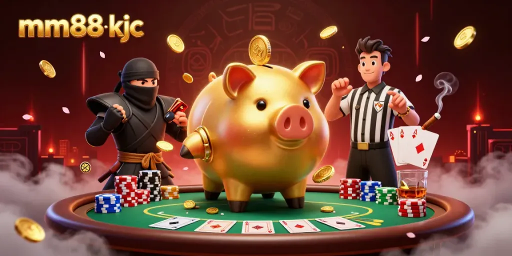 Experience the mm88 kjc casino scene with a lively sumo piggy bank character amidst poker excitement.
