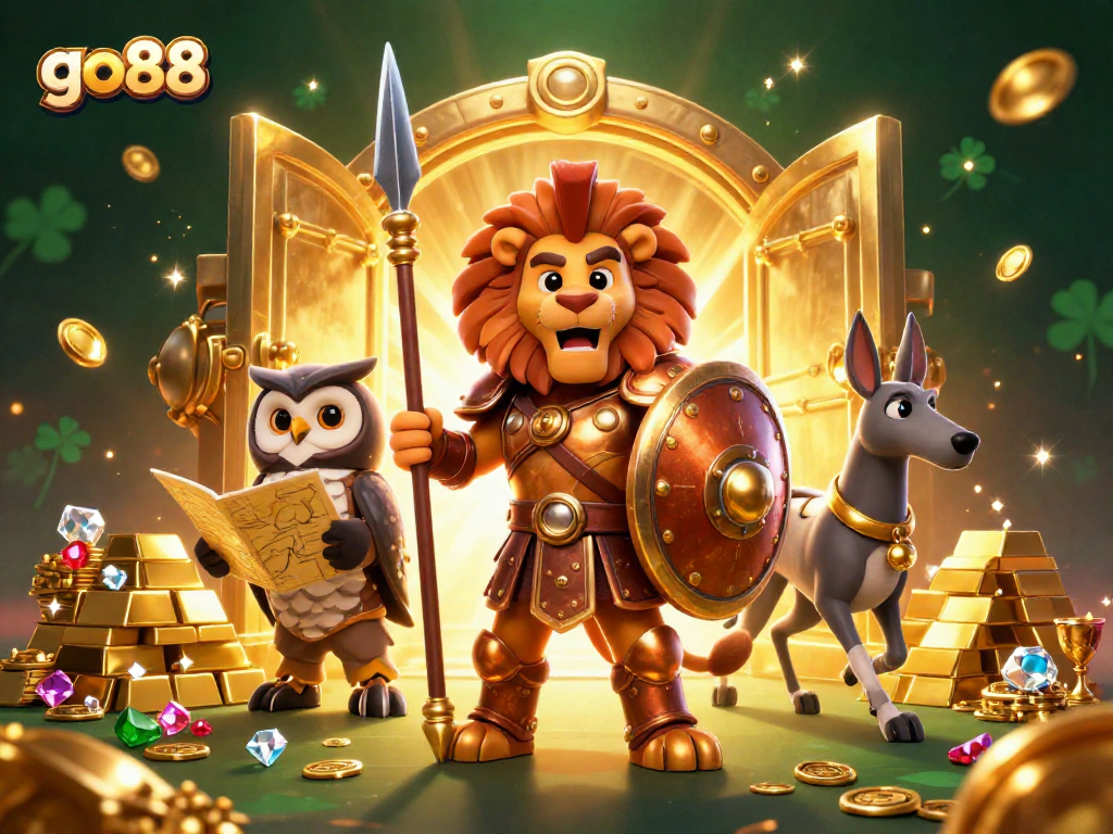 Engage with go88 through exciting casino adventures featuring a Spartan lion and treasures.