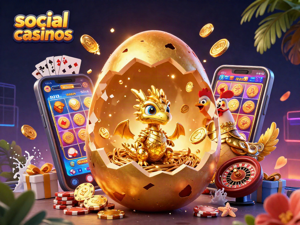 Experience social casinos with a colossal golden egg cracking open, revealing a baby dragon amidst poker chips.