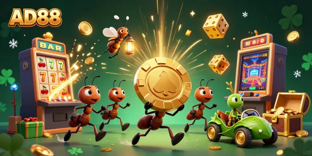 Engaging scene of AD88 showcasing the excitement of a casino heist with ants and a grasshopper in vibrant action.