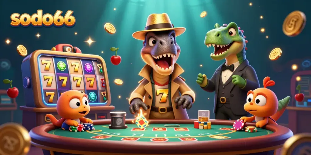 Betting action at sodo66 casino with a velociraptor and stegosaurus characters surrounded by slot machine elements.