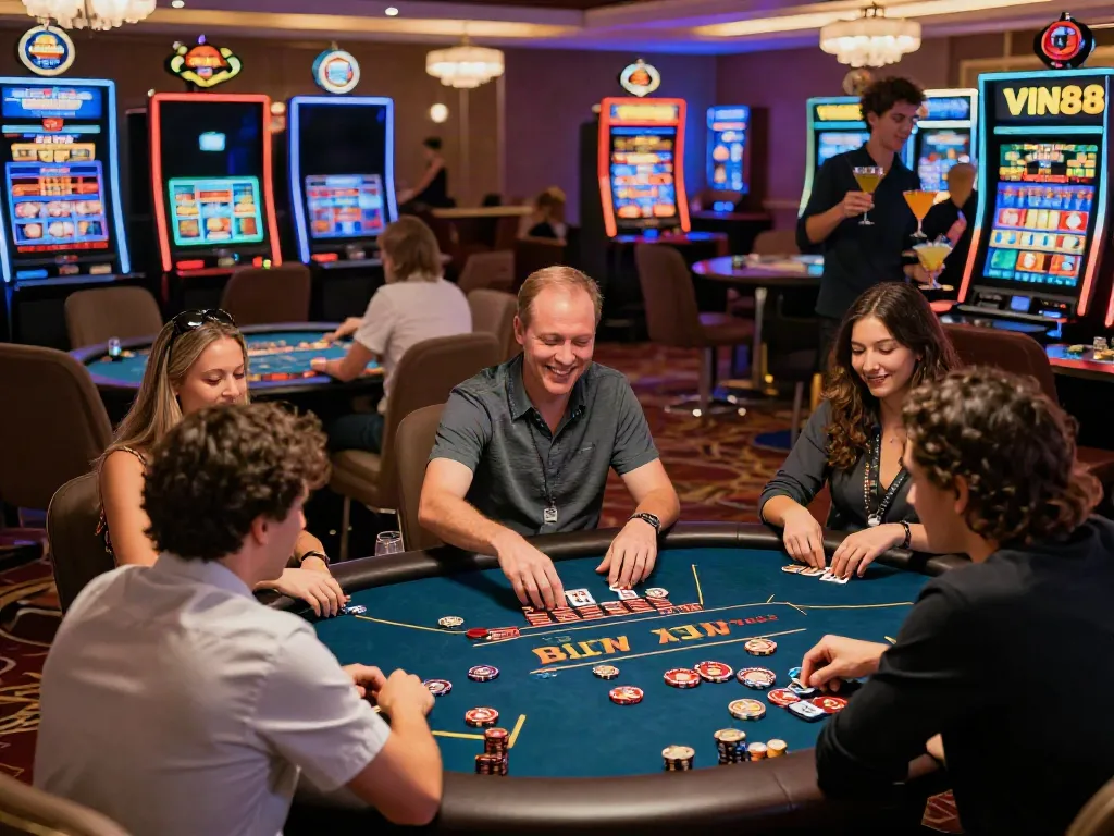 Casino gaming experience at https://vin88.team/ with excited players enjoying poker, roulette, and slots.