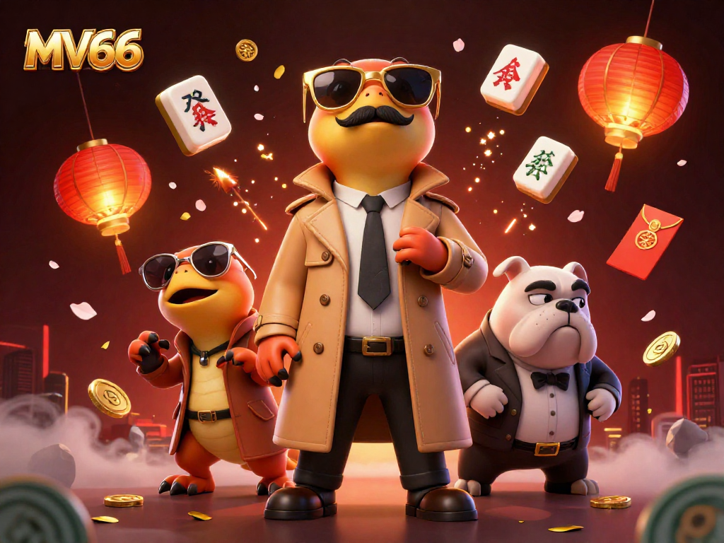 Experience MV66 in a vibrant 3D casino scene featuring raptors, lucky tiles, and festive elements.