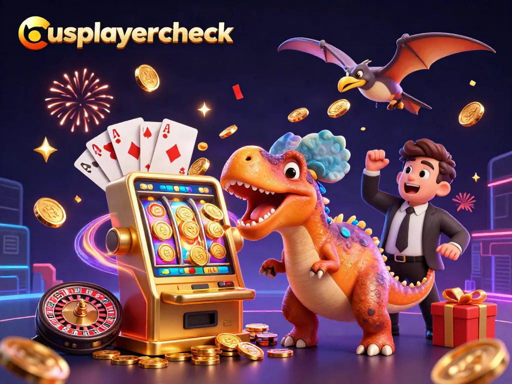 usplayercheck showcases a lively casino scene with dinosaurs celebrating jackpots and coins flying