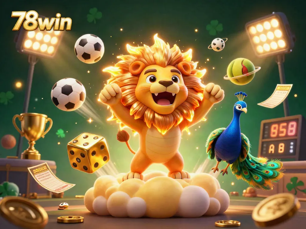 Experience high-energy sports betting action with 78win and a triumphant sun lion in vibrant 3D.
