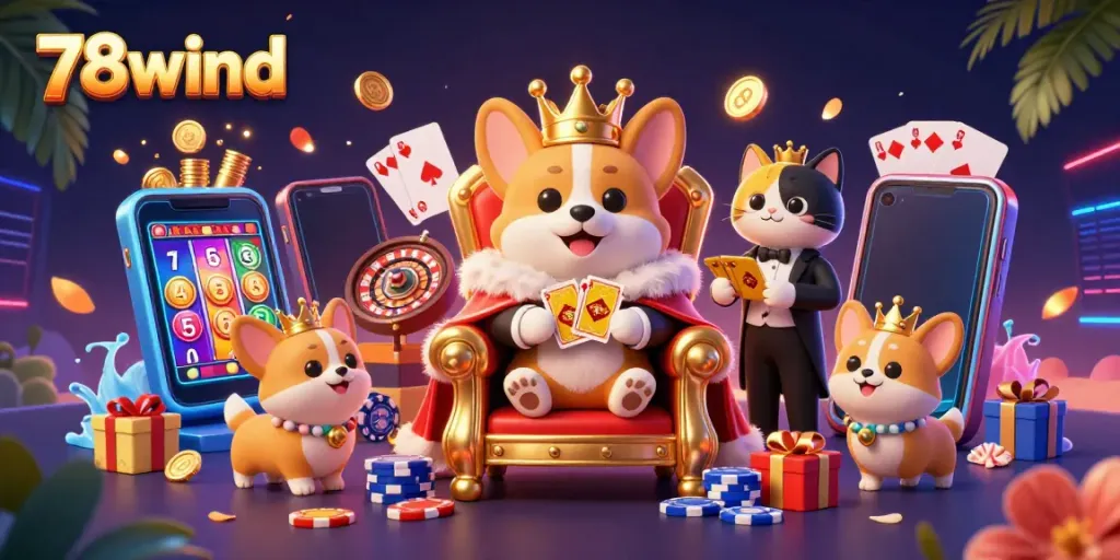 Play games at 78wind with the royal corgi and cat butler amidst vibrant casino elements.