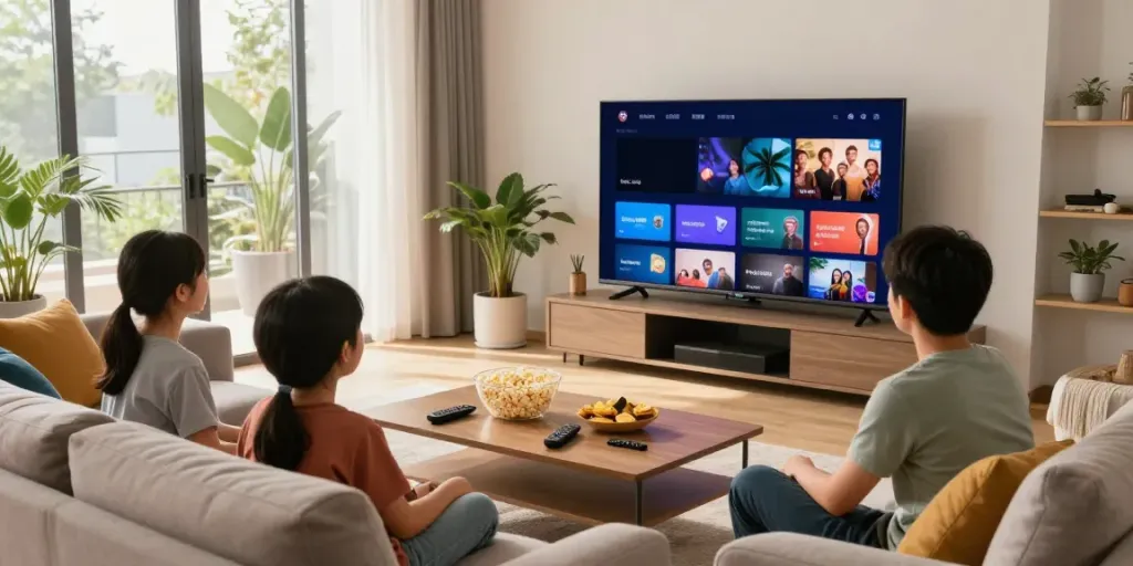 A family enjoying USA IPTV in a cozy living room with a large screen and snacks.