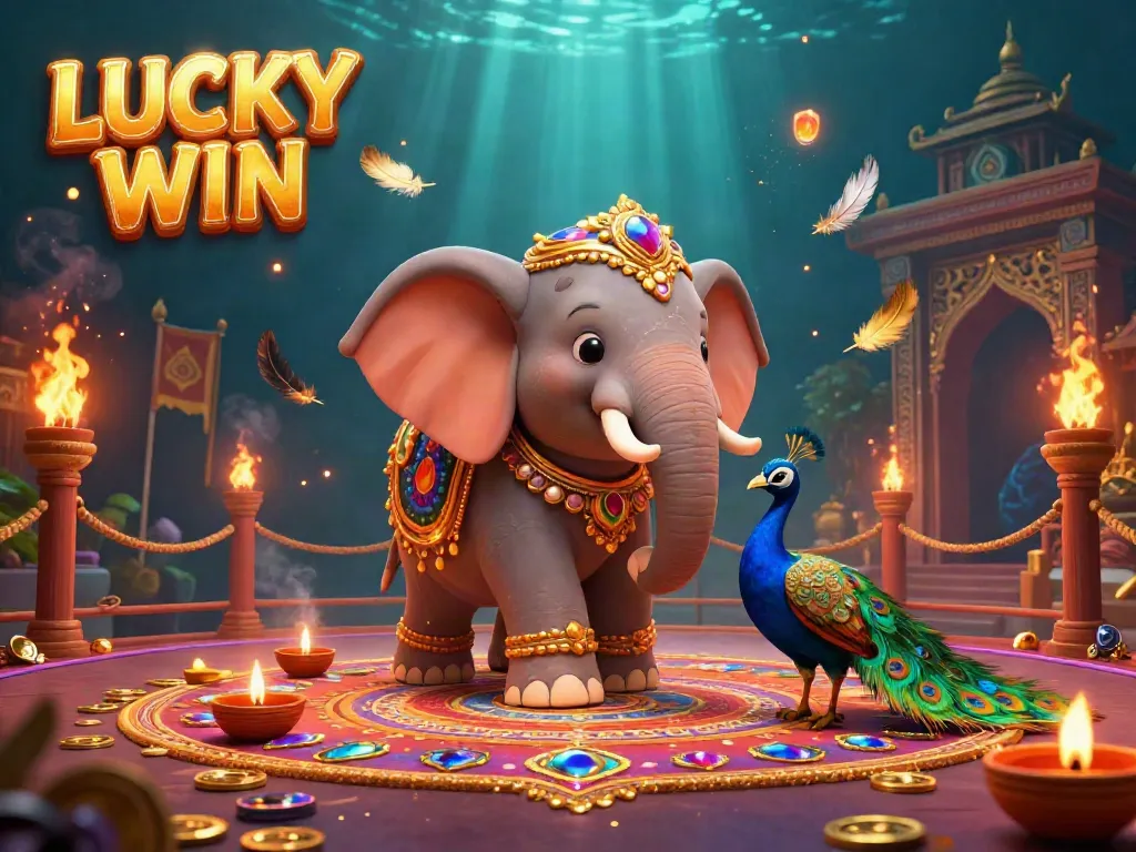 Experience the thrill of LUCKY WIN with this captivating casino scene showcasing a festive elephant and peacock surrounded by vibrant game elements.