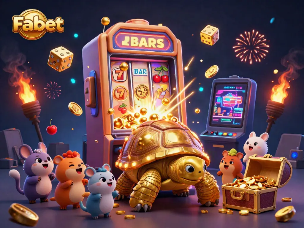 Engage in the exciting world of Fabet with a golden tortoise pinball machine surrounded by colorful slot symbols and treasures.