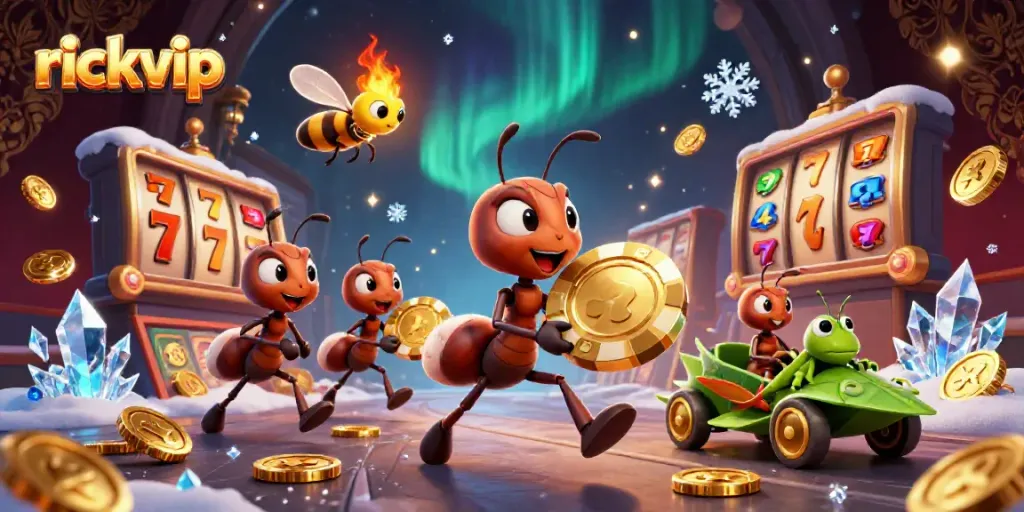 Experience thrilling adventures with rickvip as ants heist a giant poker chip in a dazzling casino.