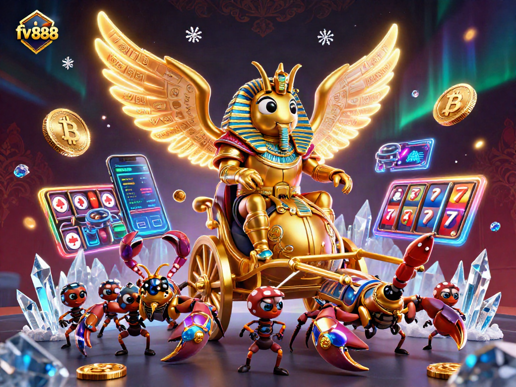 Play thrilling casino games at fv888 with captivating golden scarab and scorpion elements!