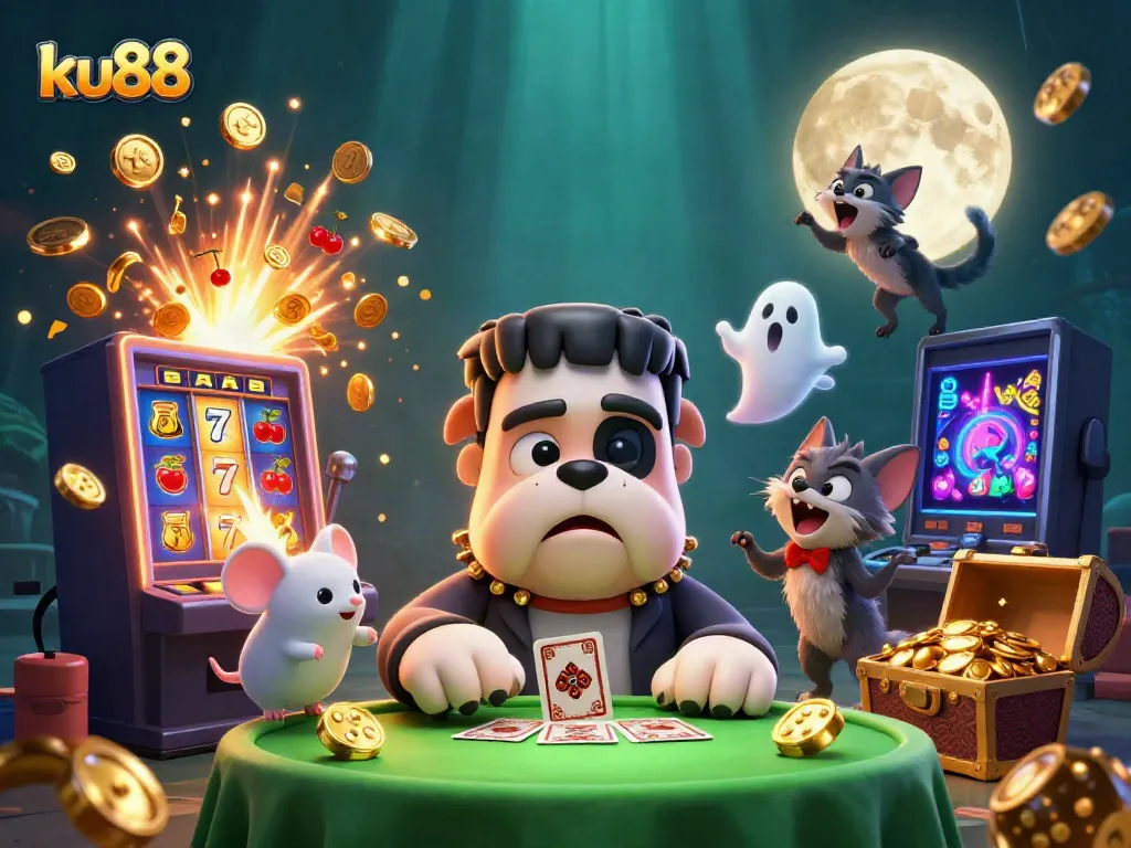 Experience the thrill of gambling with ku88 as a Frankenstein bulldog dealer engages players at a glowing casino table.