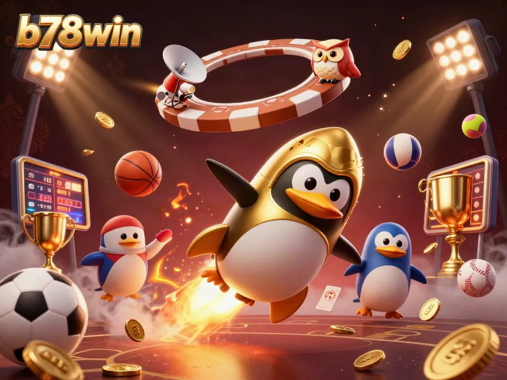 Bet on b78win with a golden penguin flying to a casino, showcasing vibrant sports elements.
