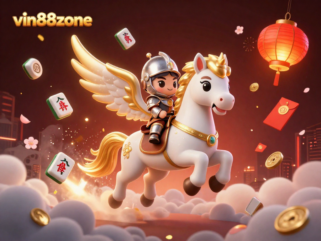 Experience vin88zone's vibrant casino scene featuring a whimsical galloping horse with games and festive elements.