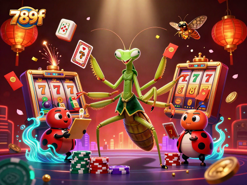 Engage in thrilling gameplay at 789f with a lively casino scene featuring vibrant characters, slot reels, and festive elements.