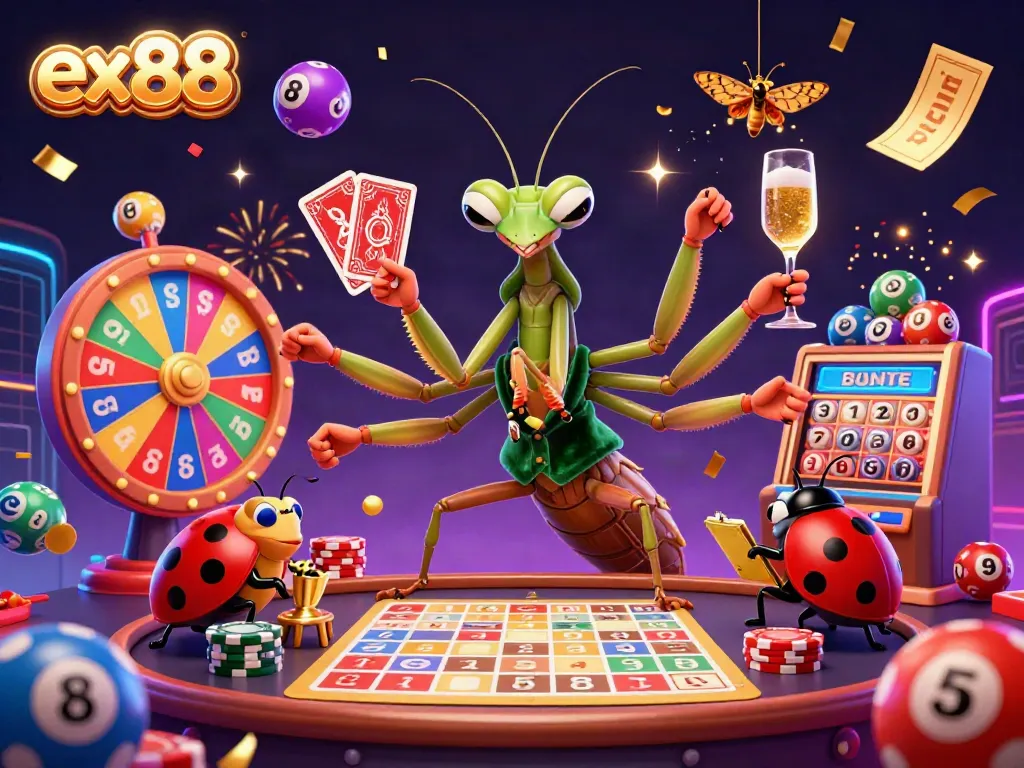 Experience the thrill of ex88 with a vibrant 3D illustration of a card sharp and pit boss in an exciting casino scene.