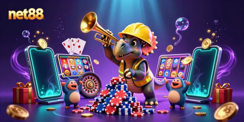 Watch a triceratops celebrate as it constructs a poker chip pyramid at net88's vibrant casino scene.
