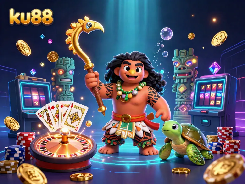 Experience the excitement of ku88 casino with colorful chips, coins, and vibrant characters.