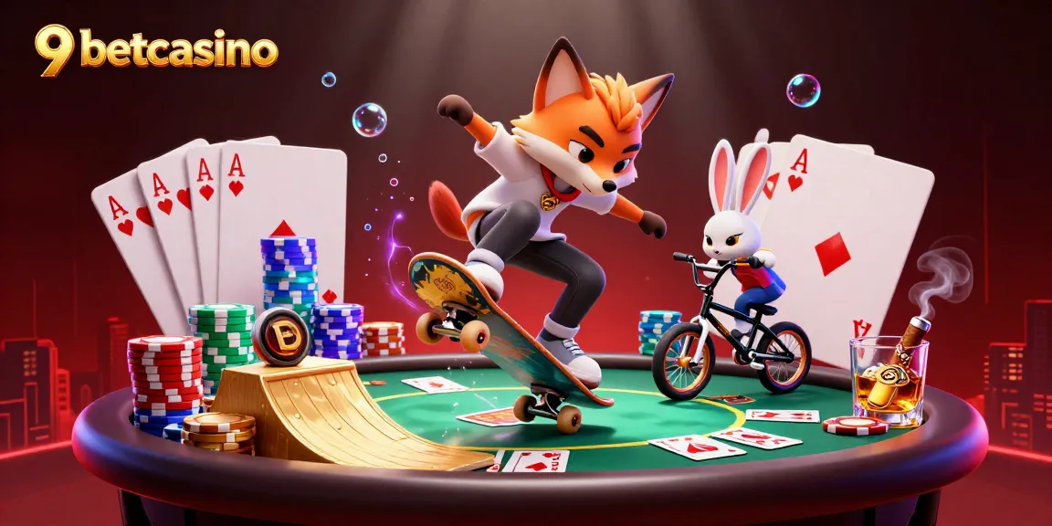 Skateboarding fox and BMX rabbit in vibrant 9betcasino scene showcasing poker and casino elements.