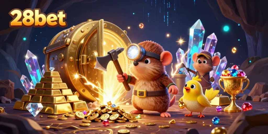 Engage with 28bet's thrilling casino adventure featuring a treasure hunter mole in a vibrant treasure cave.