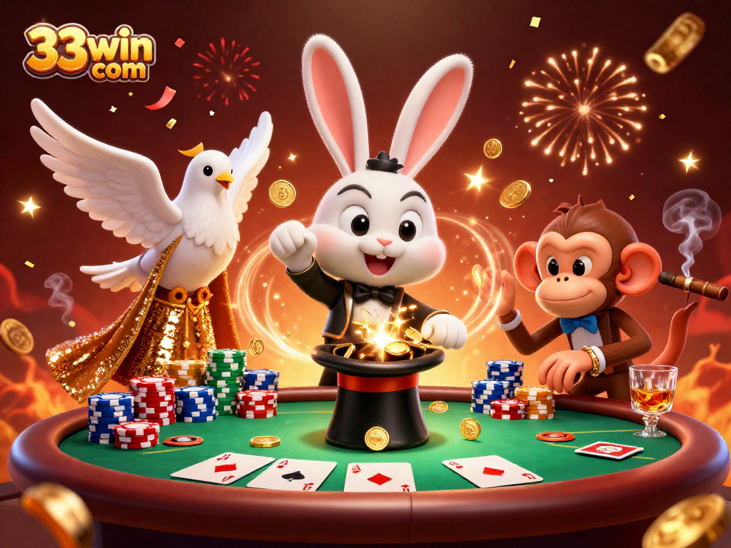 Engage with thrilling poker action at 33win com featuring a magician rabbit, vibrant poker chips, and festive celebration.