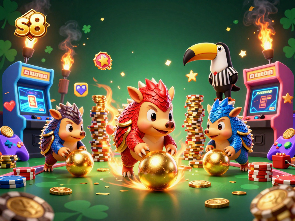 Engage in thrilling gameplay at s8 with rival pangolins competing in a colorful casino scene.