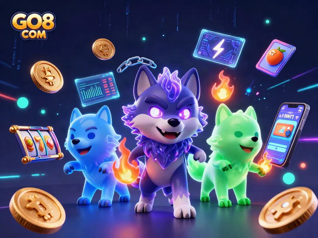 Experience winning with GO8 COM in this lively 3D casino illustration showcasing thrilling symbols.