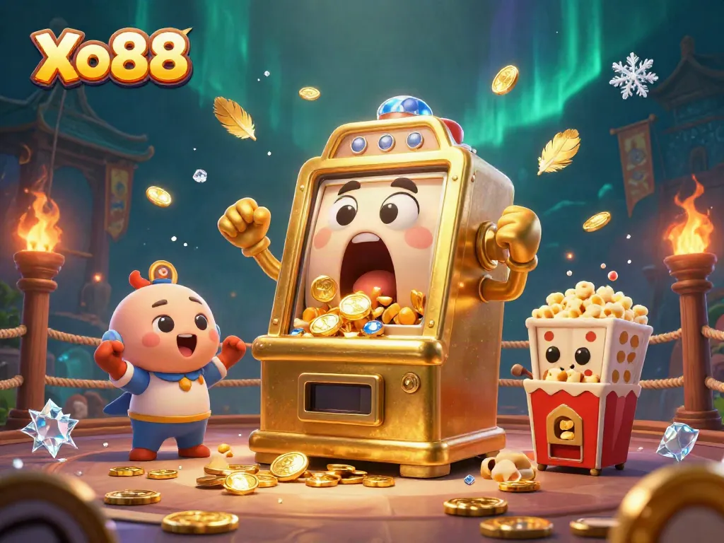 Experience the thrill of Xo88 with the golden slot machine hitting a jackpot, surrounded by cheering baby slots.