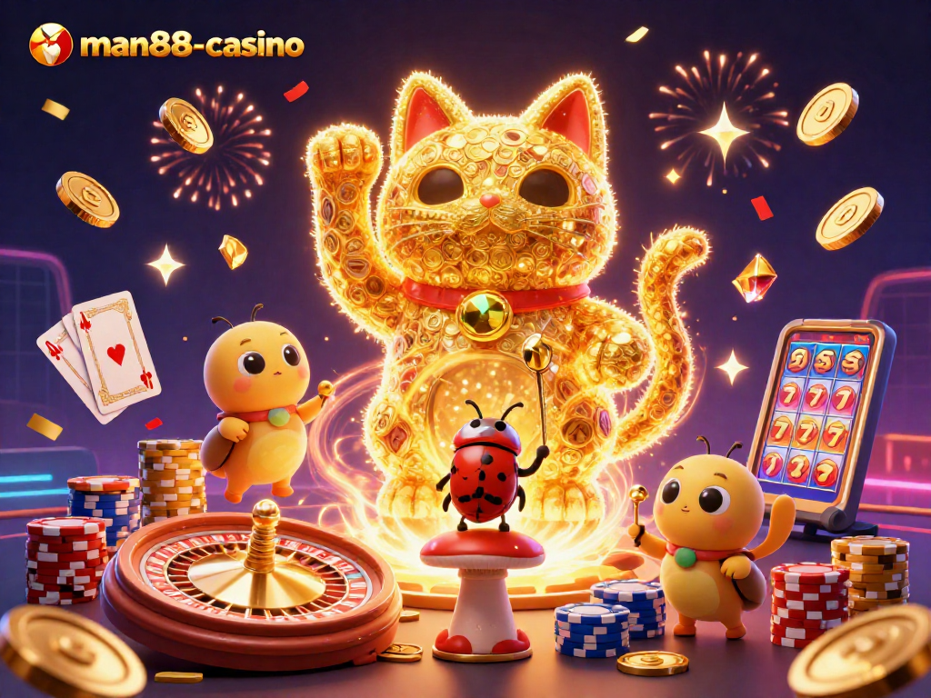 Join the excitement with man88-casino's vibrant 3D illustration of a lucky cat and casino symbols!