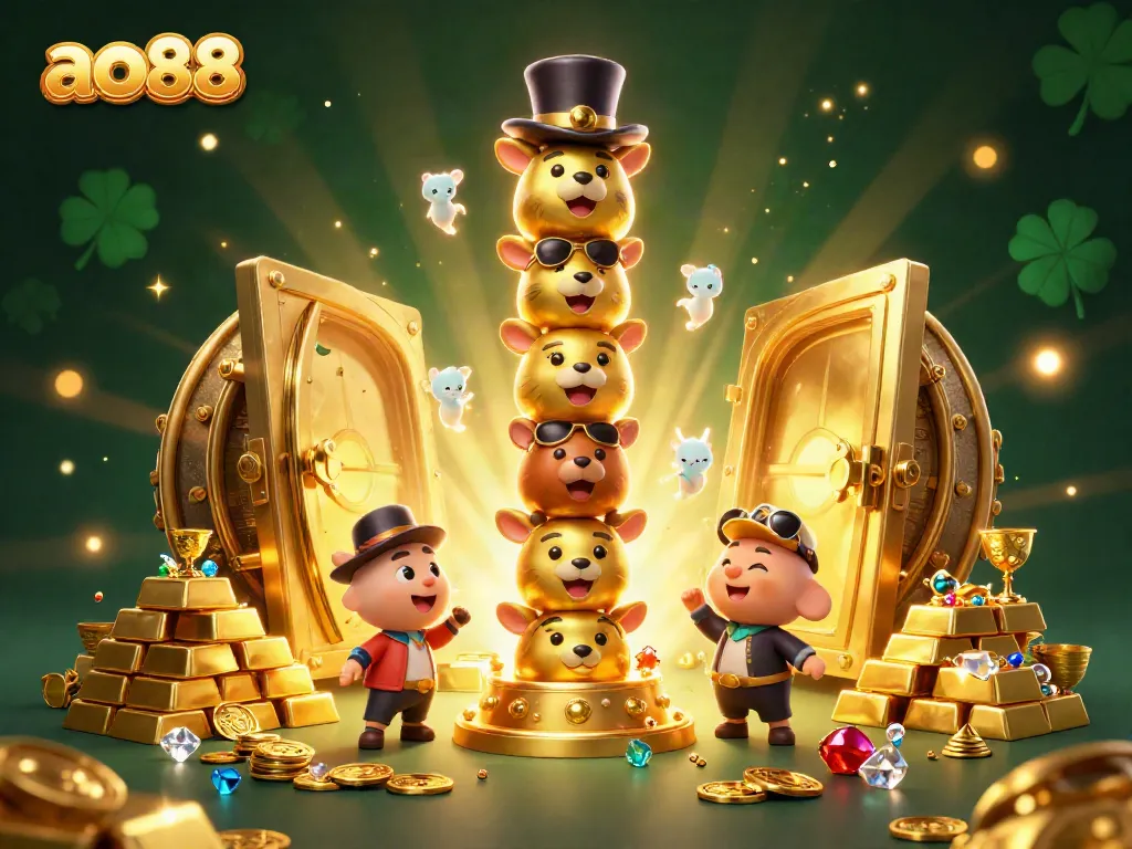 Experience thrilling gaming at ao88 with a lively totem and a vault spilling treasures.