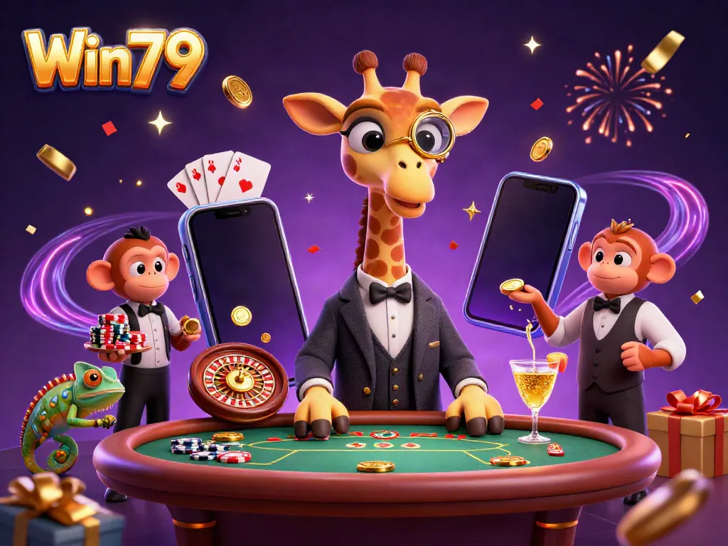 Experience excitement with Win79 as a high-roller giraffe and friends enjoy a vibrant casino scene
