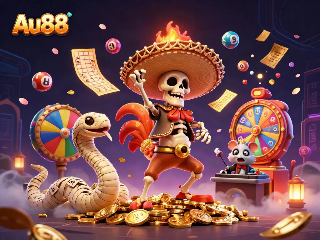 Experience Au88's thrilling casino world with vibrant characters, gold coins, and a magical atmosphere.