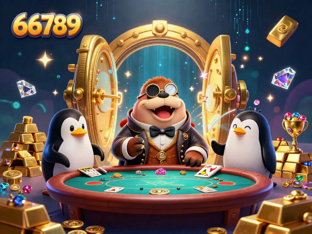 Engage in thrilling gaming action at 66789 with a lively 3D casino scene featuring a walrus and dealer