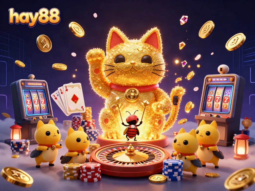 Experience the joyous celebration of winnings with hay88's vibrant lucky cat and casino symbols in action.